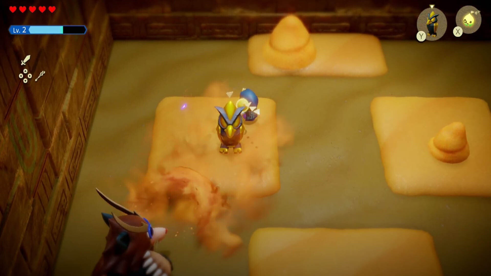 Link đặt Tượng Vọng Âm và nấp sau nó để dụ Mogryph trong Zelda Echoes of Wisdom giai đoạn 3