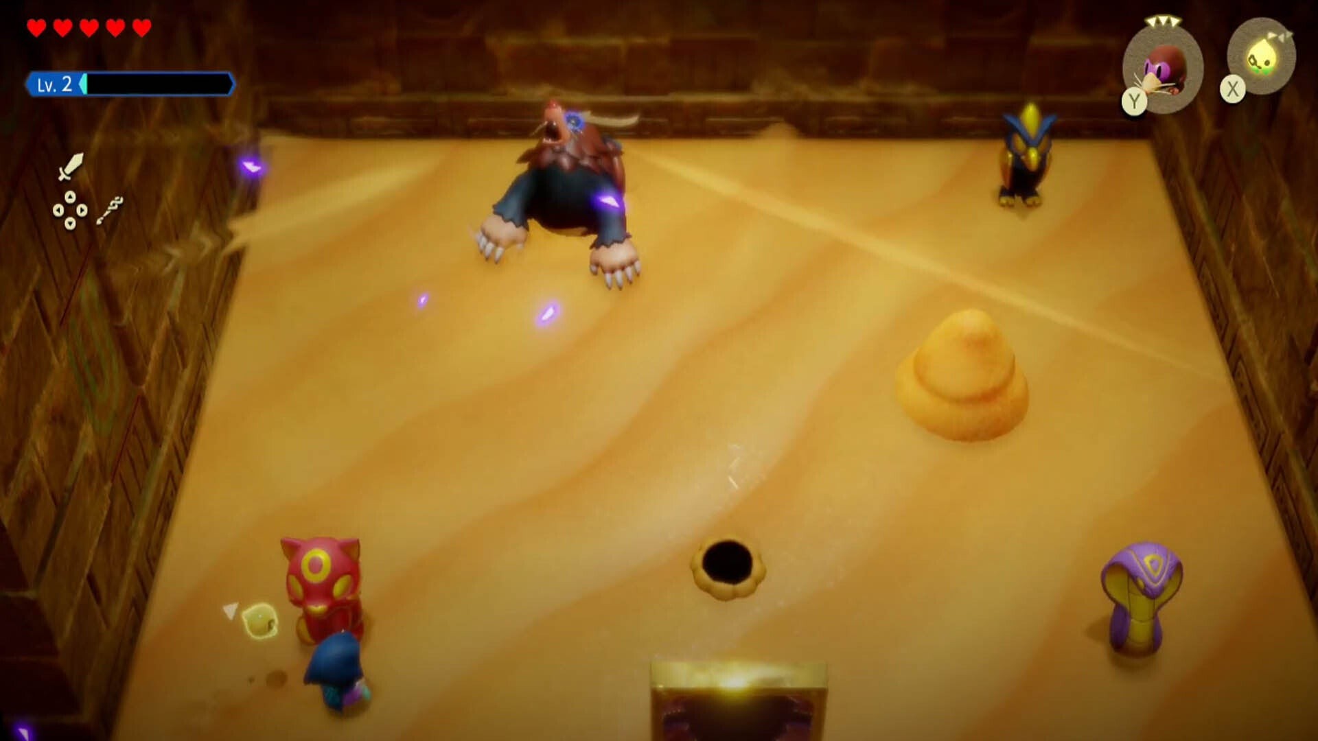 Link đứng sau bức tượng để dụ Mogryph lao vào trong Zelda Echoes of Wisdom