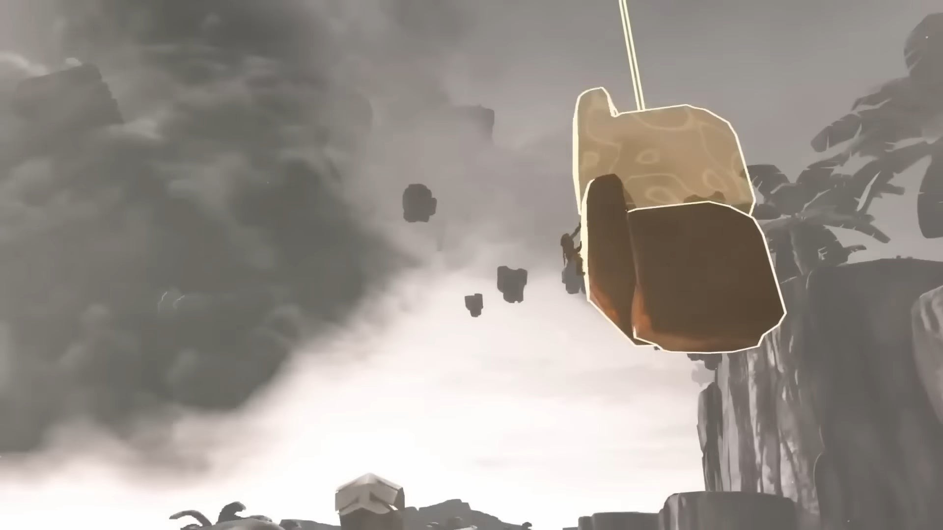 Link sử dụng kỹ năng Recall trên một mảnh vỡ đang rơi để bay lên bầu trời trong Zelda Tears of the Kingdom