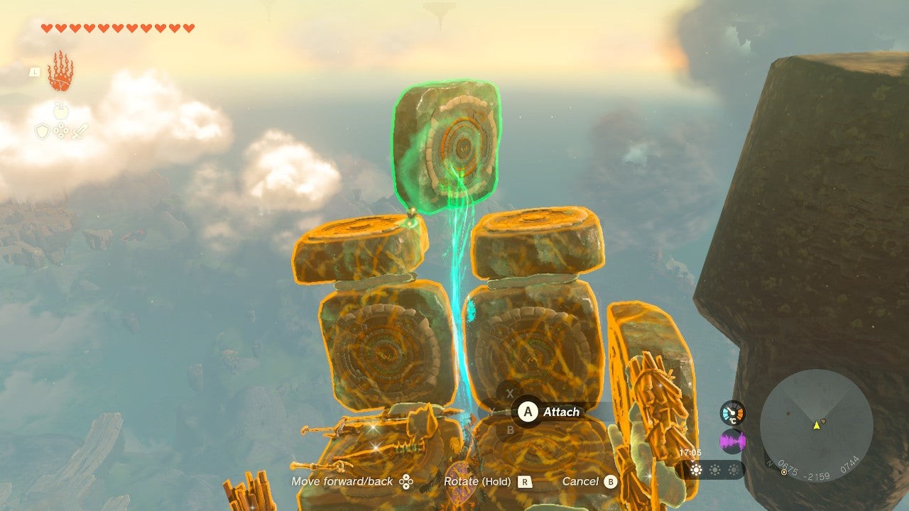 Link sử dụng Ultrahand để di chuyển các nền tảng Zonai trên đảo trời trong The Legend of Zelda: Tears of the Kingdom