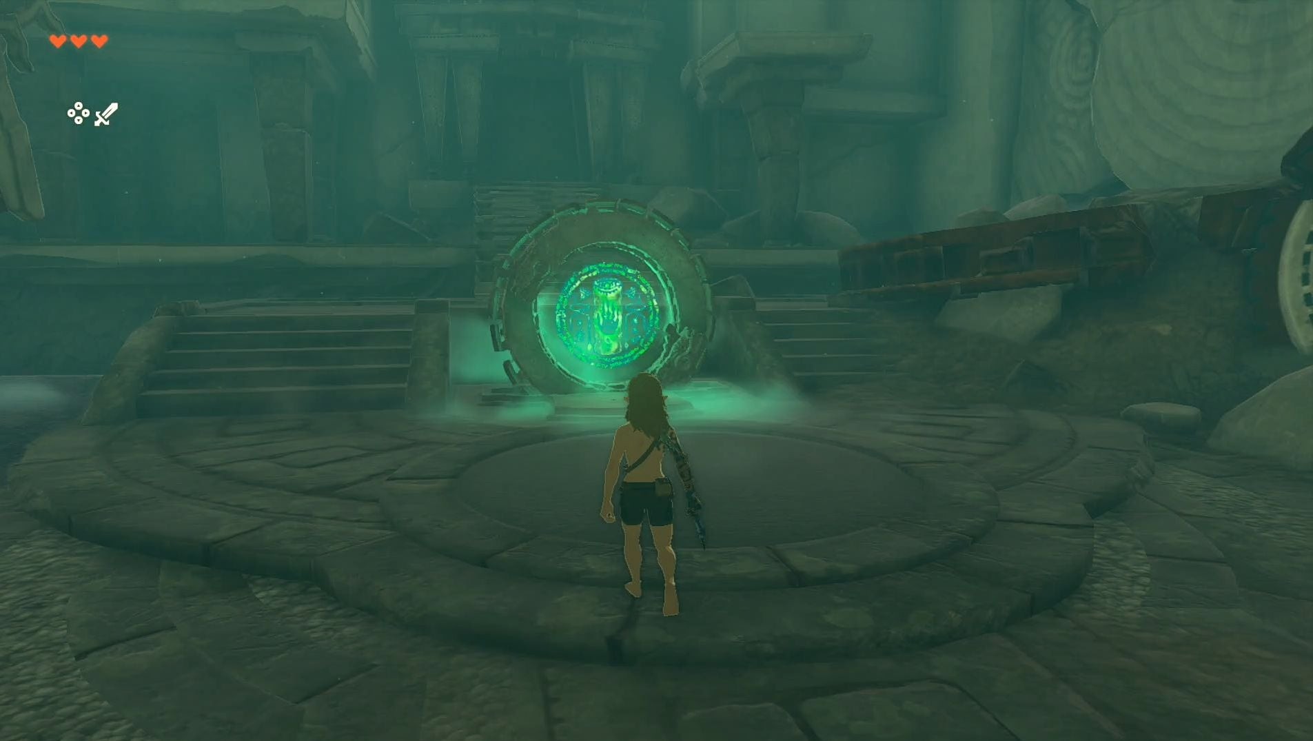 Link tương tác với vòng tròn xanh lá phát sáng bí ẩn trong Zelda TotK