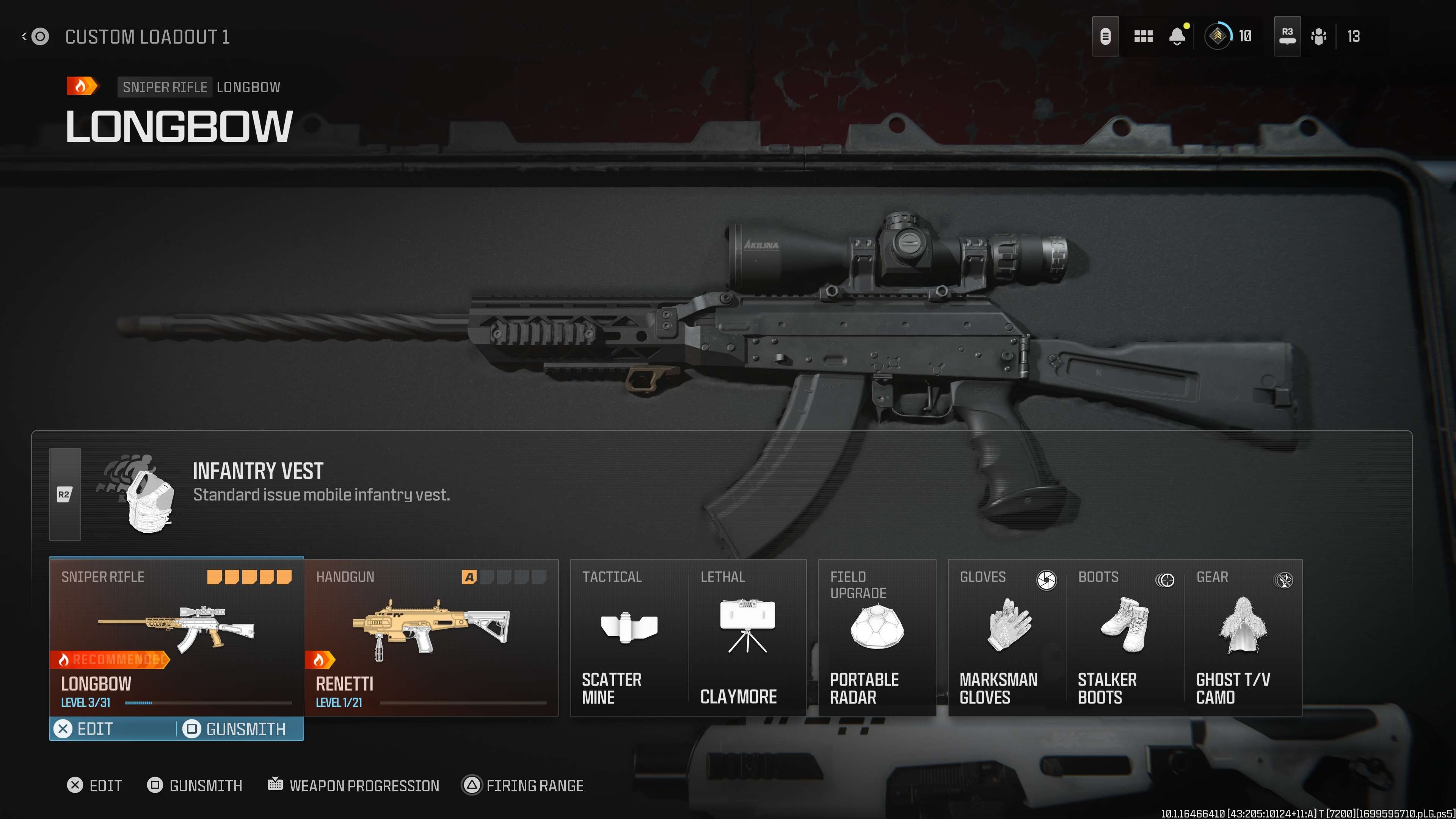 Loadout Longbow đầy đủ sử dụng Infantry Vest trong MW3 hiển thị vũ khí và trang bị.