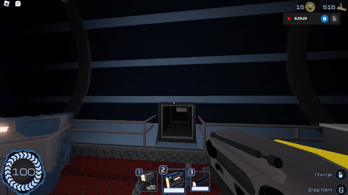Lối vào cửa hàng của Sebastian trong Roblox Pressure qua một lỗ thông hơi mở giữa hành lang.