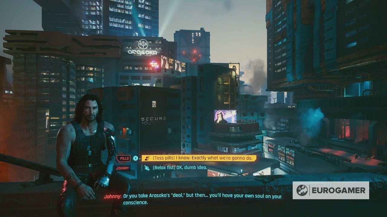 Lựa chọn đối thoại ném thuốc trong Cyberpunk 2077 để kích hoạt kết thúc bonus