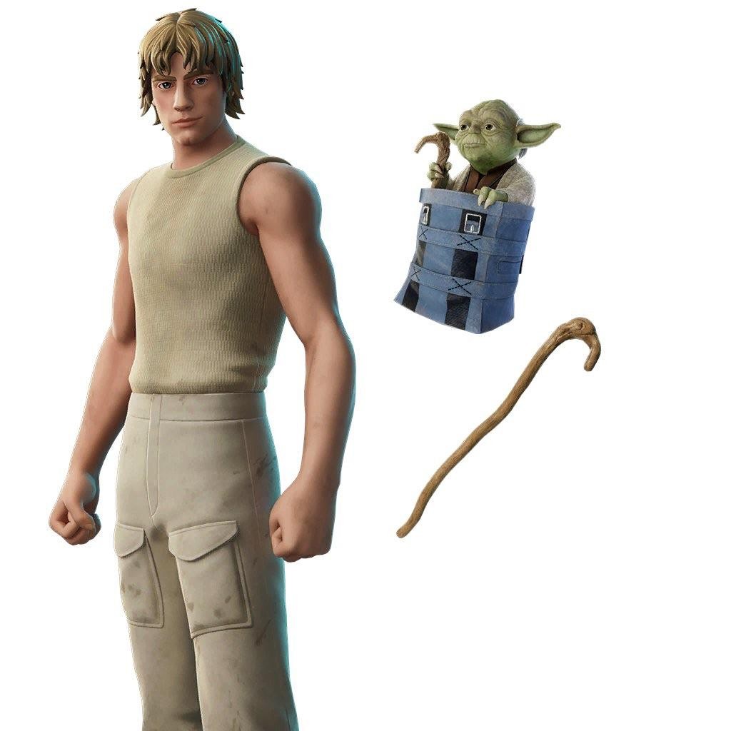 Luke Skywalker phiên bản Dagobah và Yoda trên lưng trong Fortnite