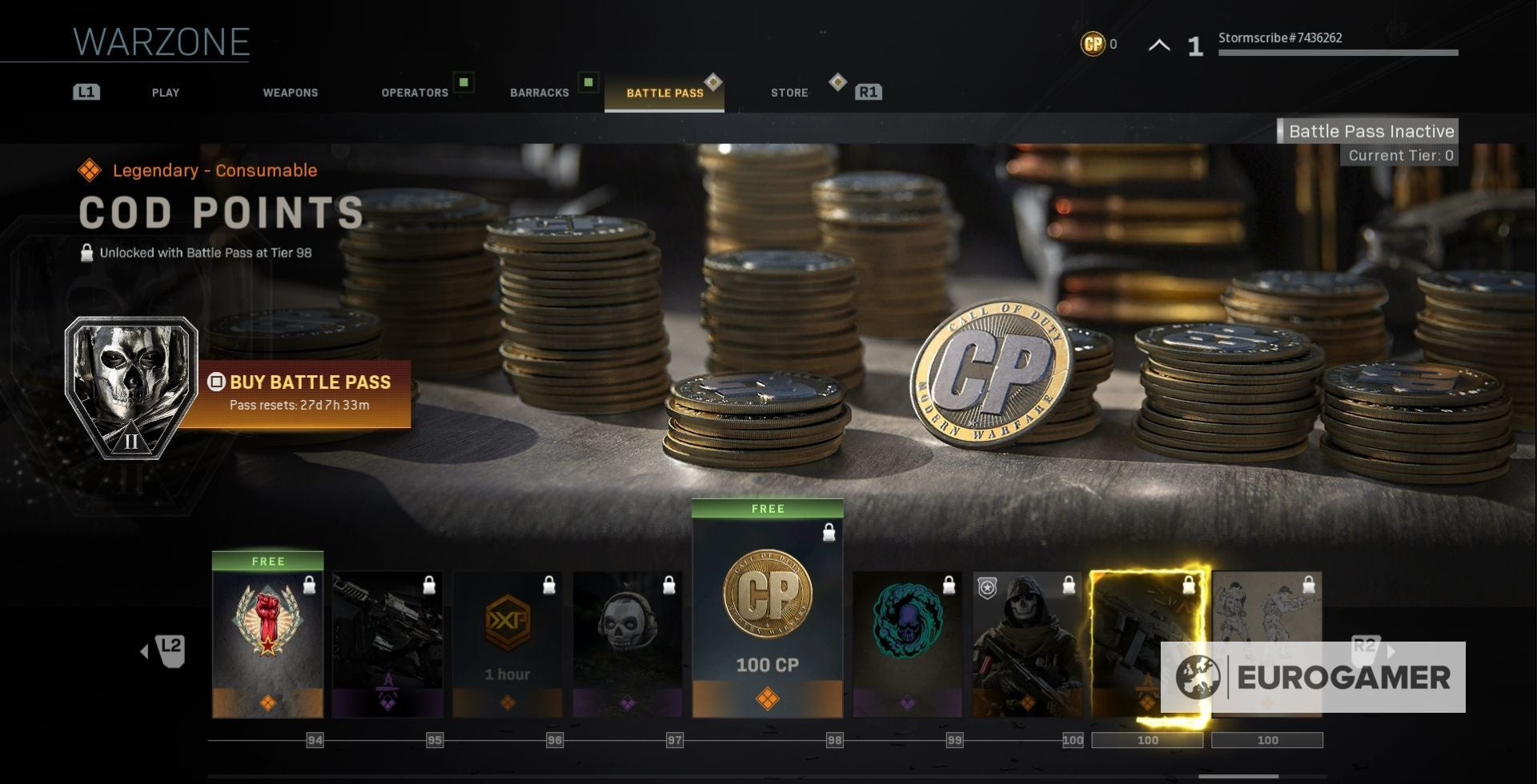 Màn hình Battle Pass trong Warzone hiển thị phần thưởng COD Points ở một cấp độ
