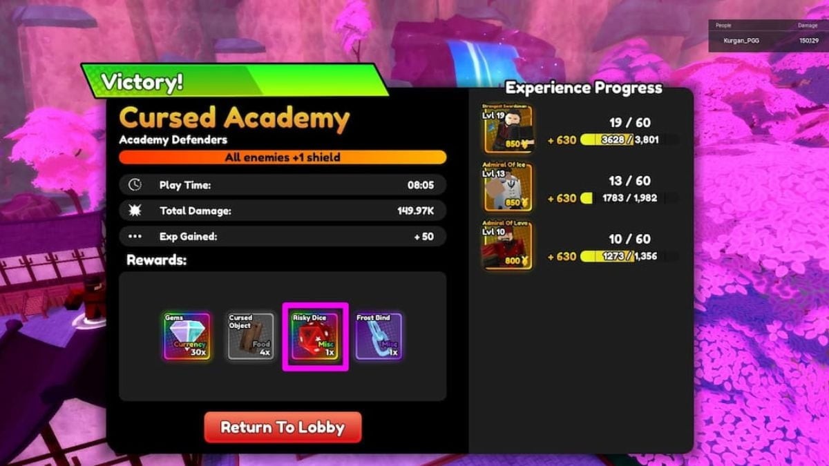 Màn hình chiến thắng màn chơi Cursed Academy trong chế độ Challenge của Anime Defenders