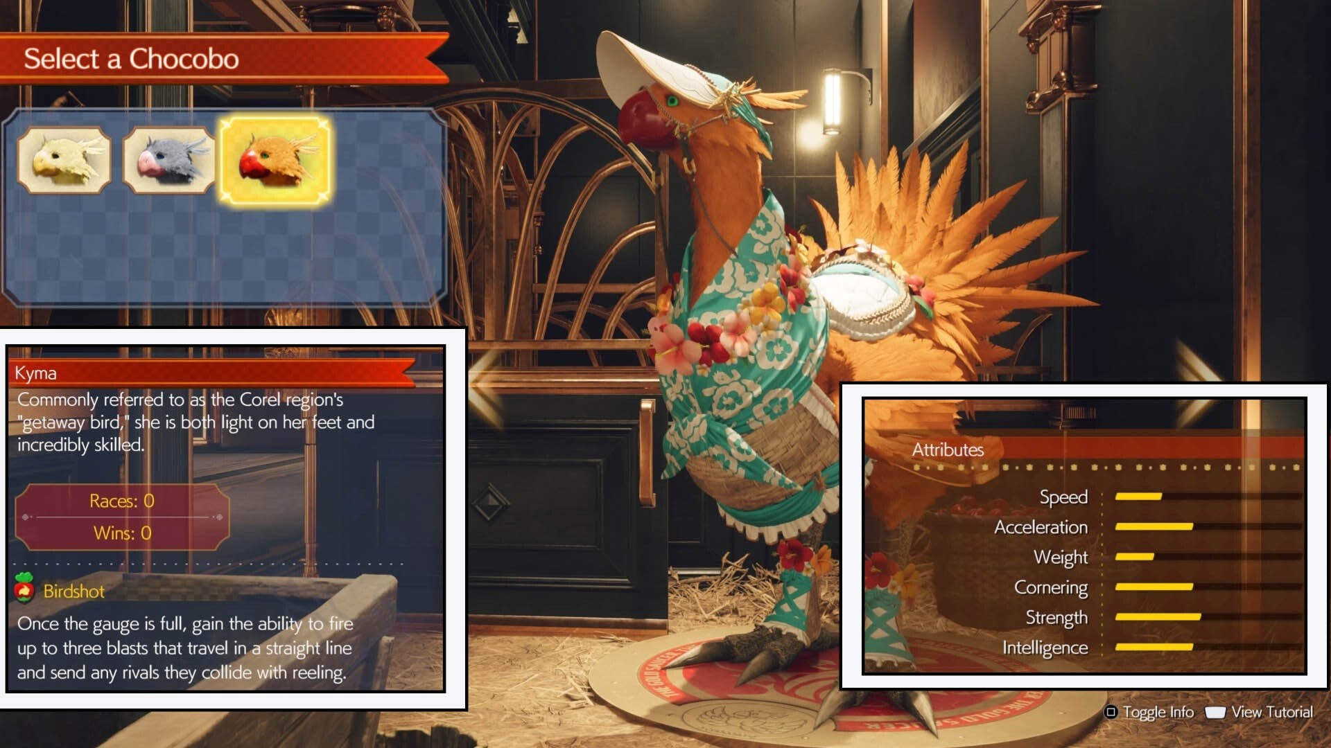 Màn hình chọn Chocobo với các đặc điểm và khả năng