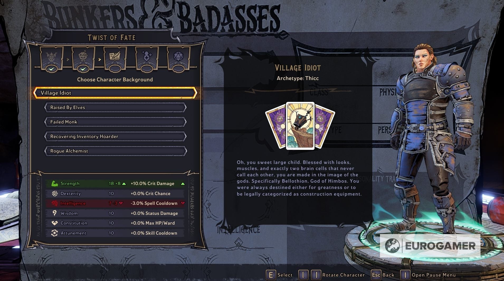 Màn hình chọn Lai Lịch Nhân Vật (Character Background) trong Tiny Tina's Wonderlands với các tùy chọn và chỉ số