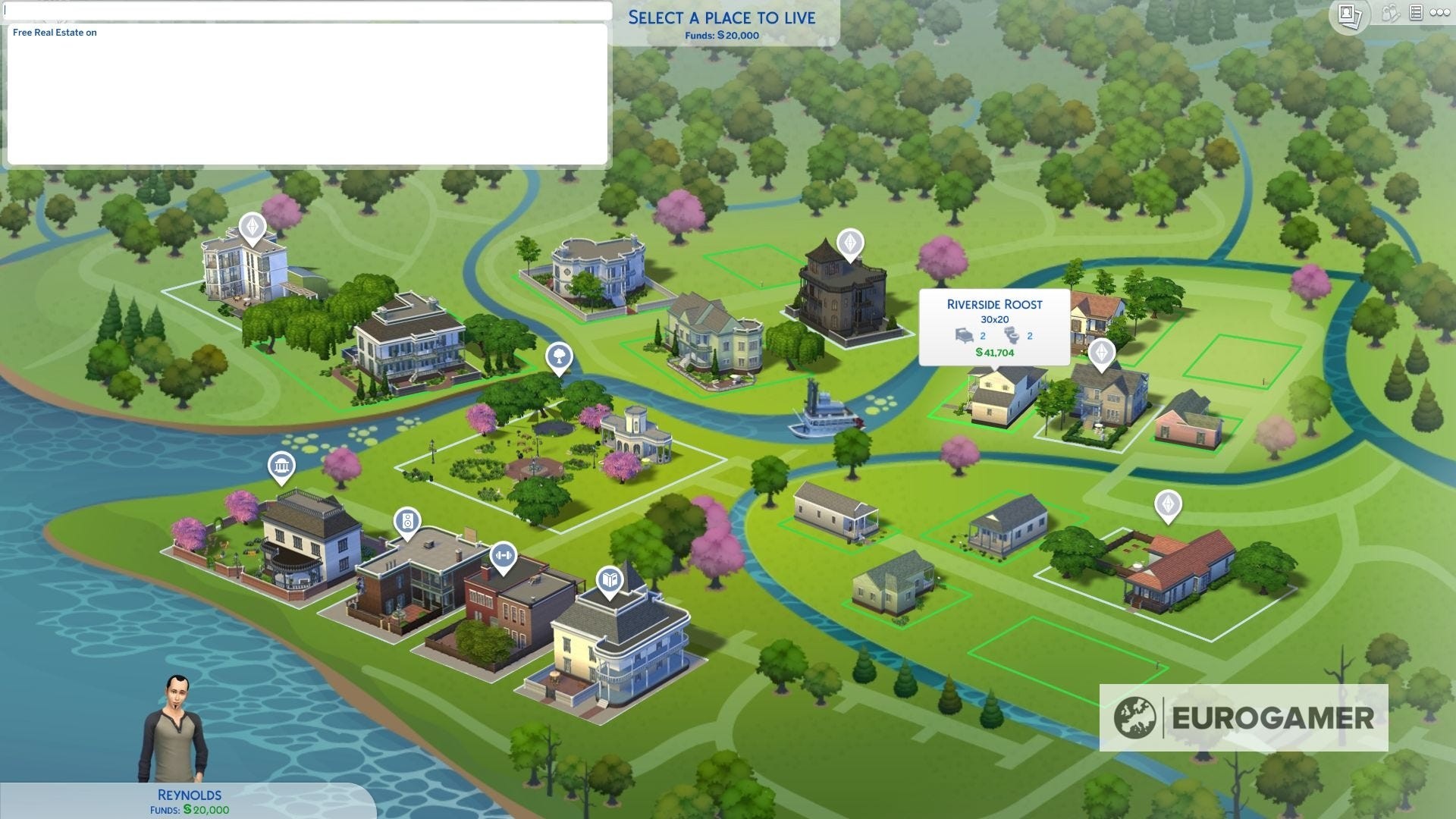 Màn hình chọn lô đất trong The Sims 4 với bảng điều khiển cheat hiển thị lệnh FreeRealEstate On, cho phép mua đất miễn phí.