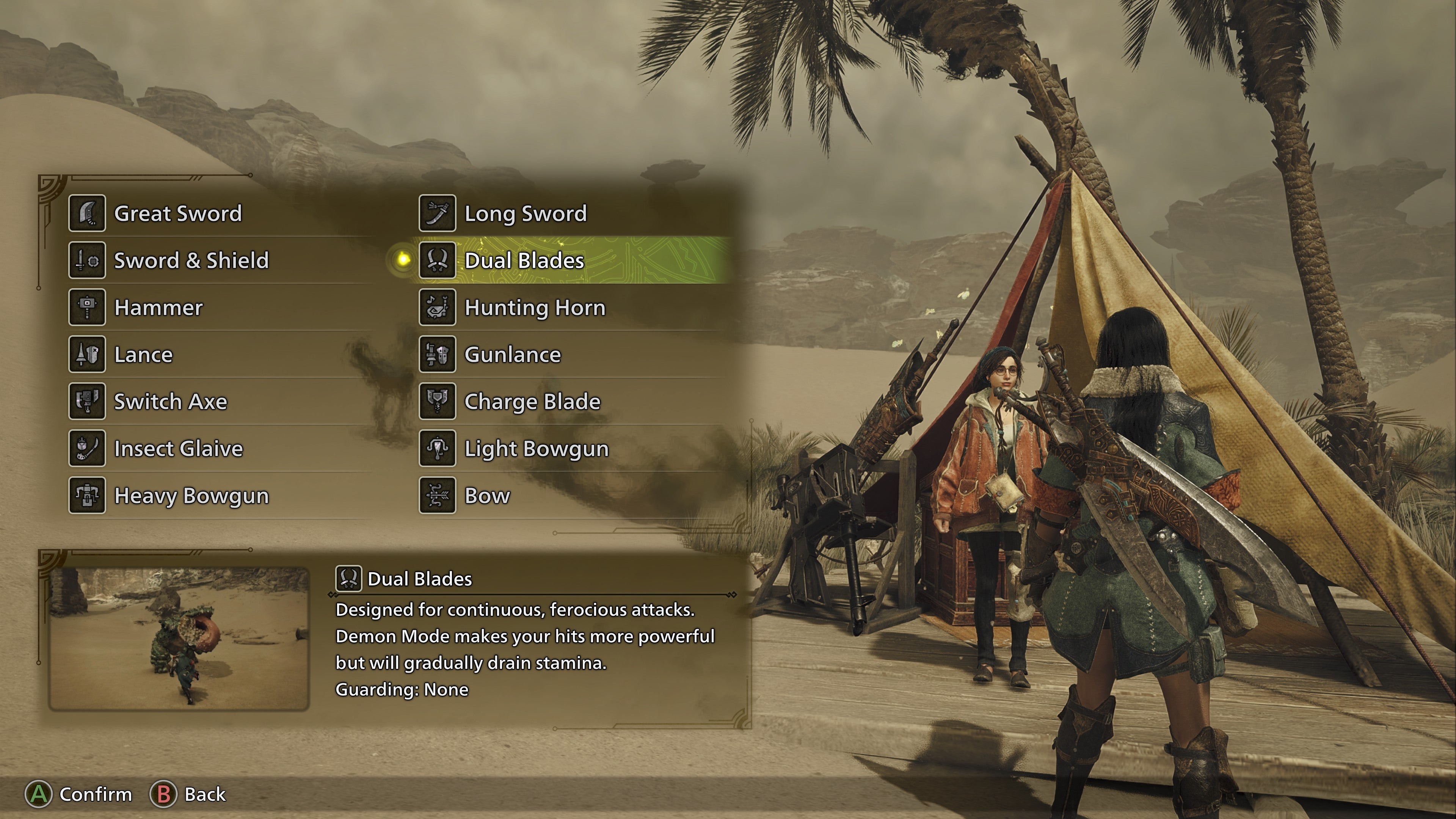 Màn hình chọn vũ khí trong Monster Hunter Wilds
