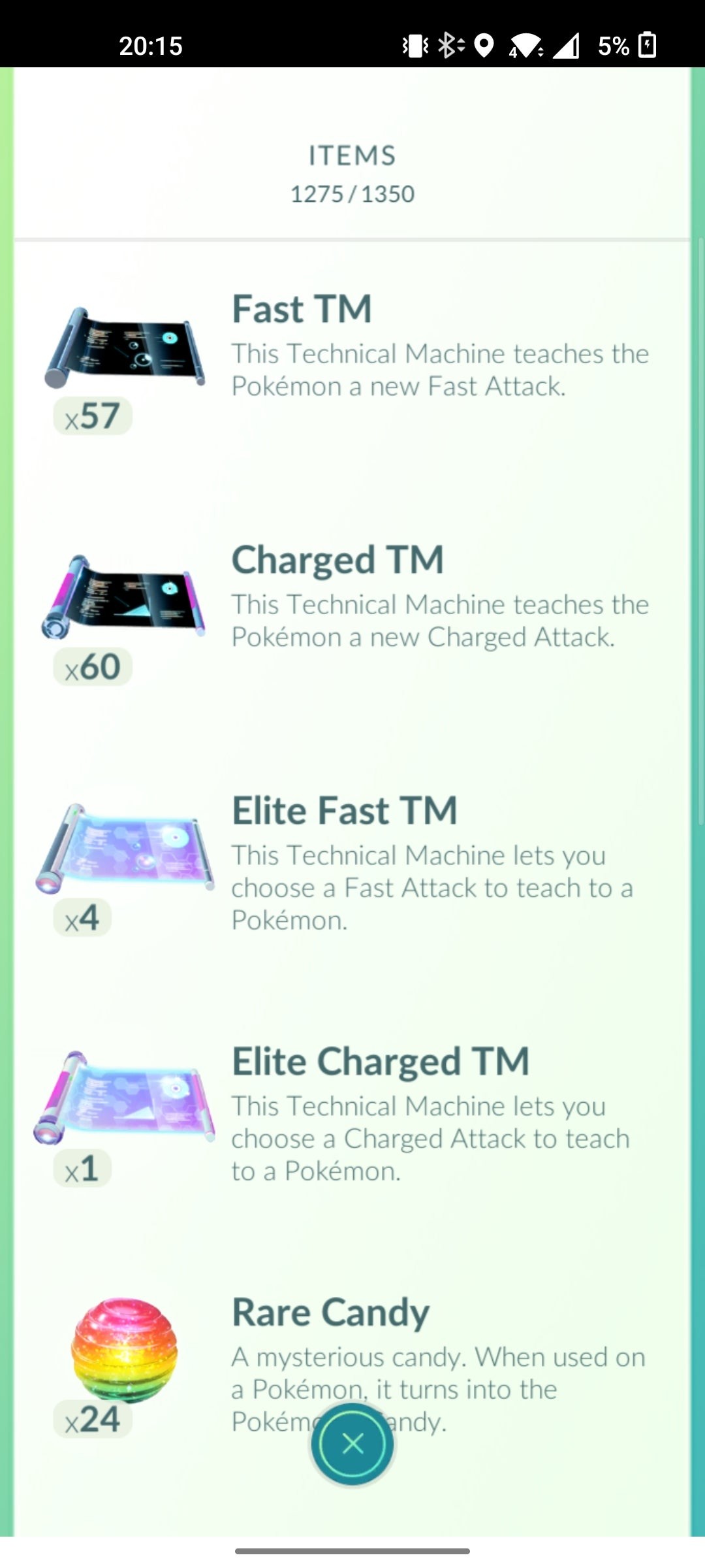 Màn hình hiển thị các loại TM trong Pokémon Go