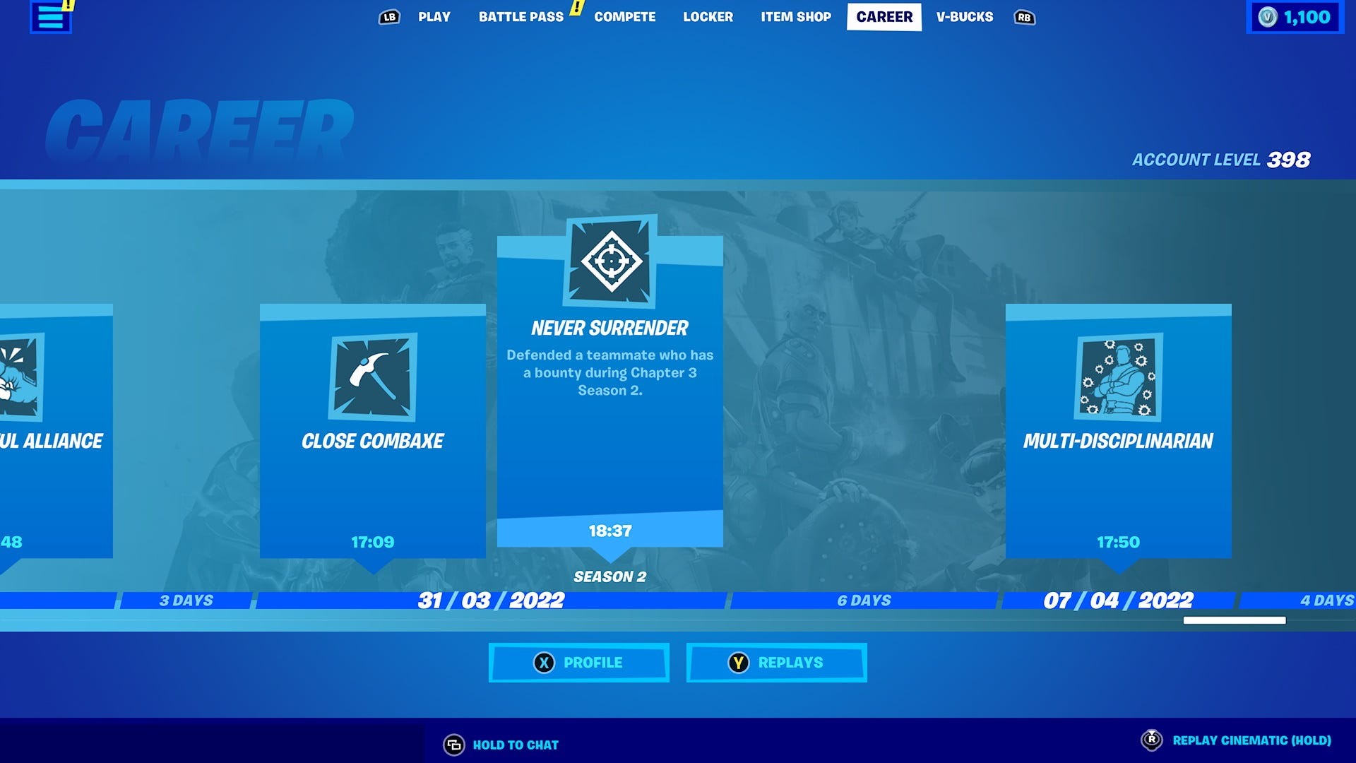 Màn hình hiển thị Danh hiệu Sự nghiệp (Accolades) đã đạt được trong Fortnite
