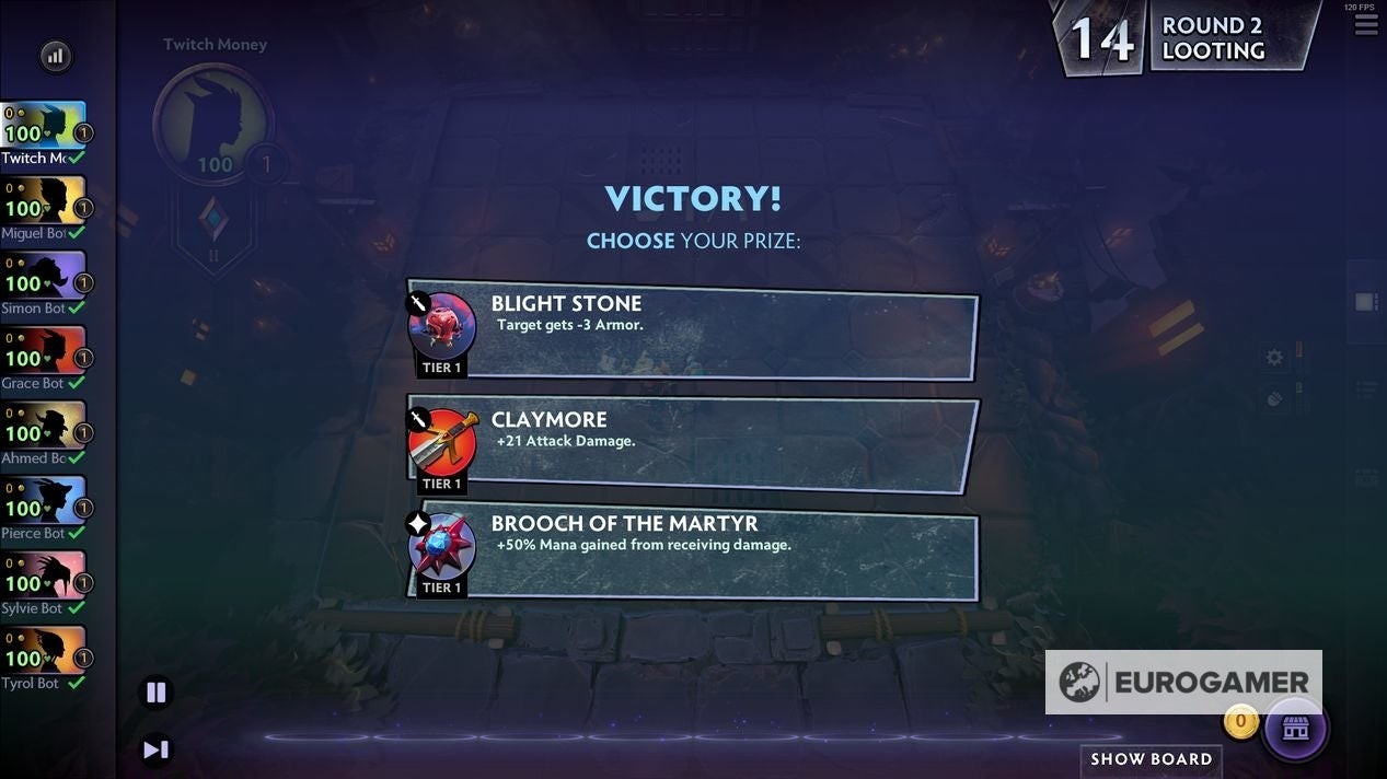 Màn hình lựa chọn trang bị sau khi hoàn thành vòng PvE trong Dota Underlords