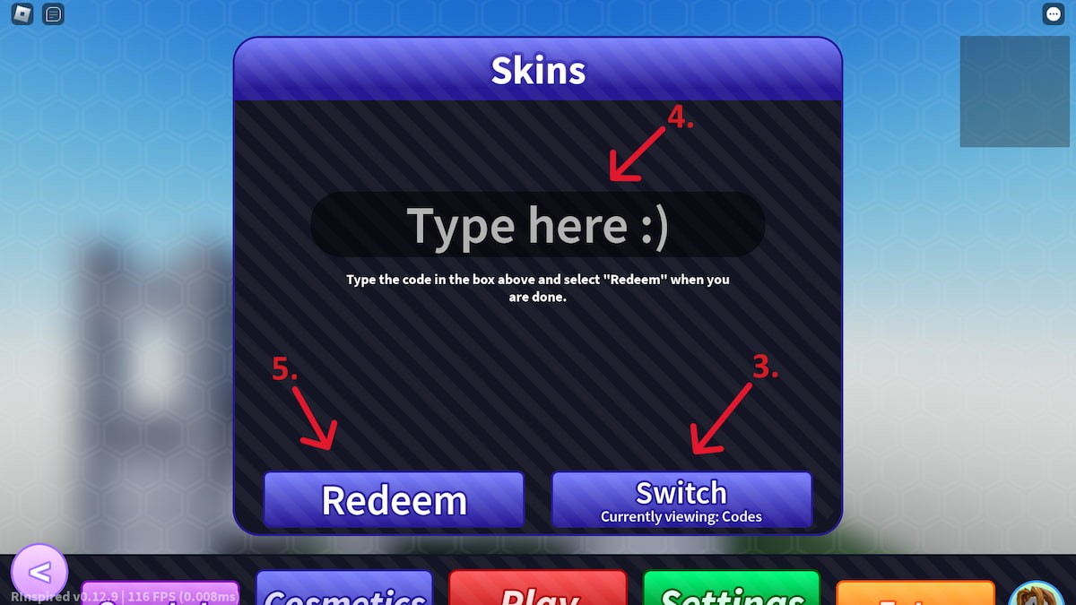 Màn hình nhập code RInspired Roblox hiển thị ô nhập liệu và nút Redeem