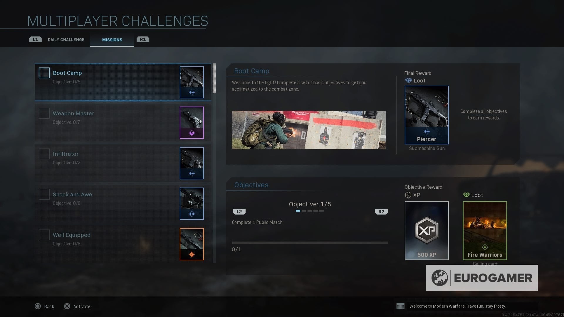 Màn hình Nhiệm vụ (Missions) trong Modern Warfare nơi nhận Blueprint miễn phí