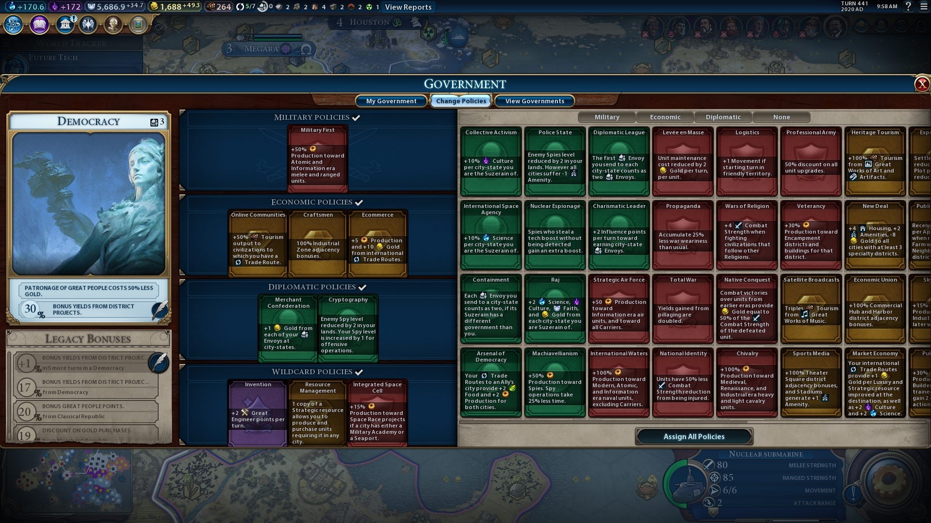 Màn hình quản lý Chính sách (Policy Cards) trong Civilization 6 với các loại thẻ khác nhau