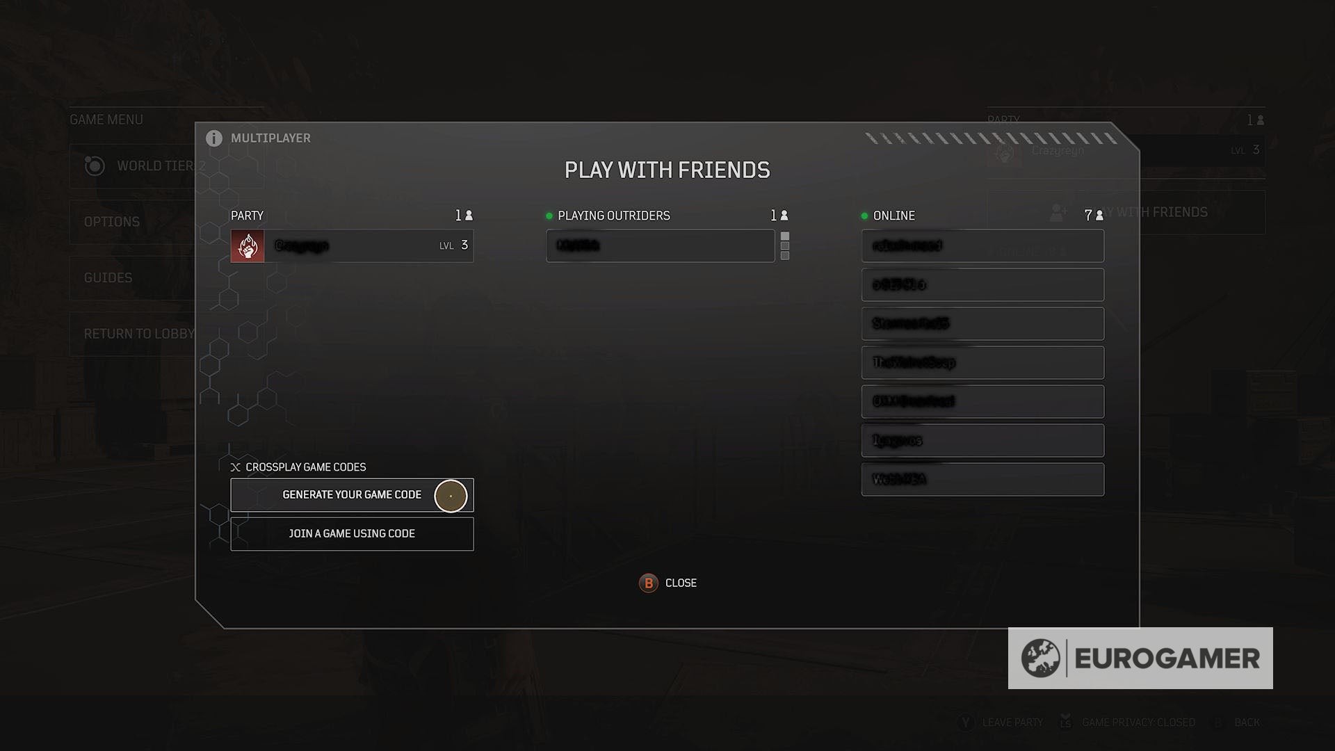 Màn hình tạo mã mời crossplay trong Outriders để mời bạn bè