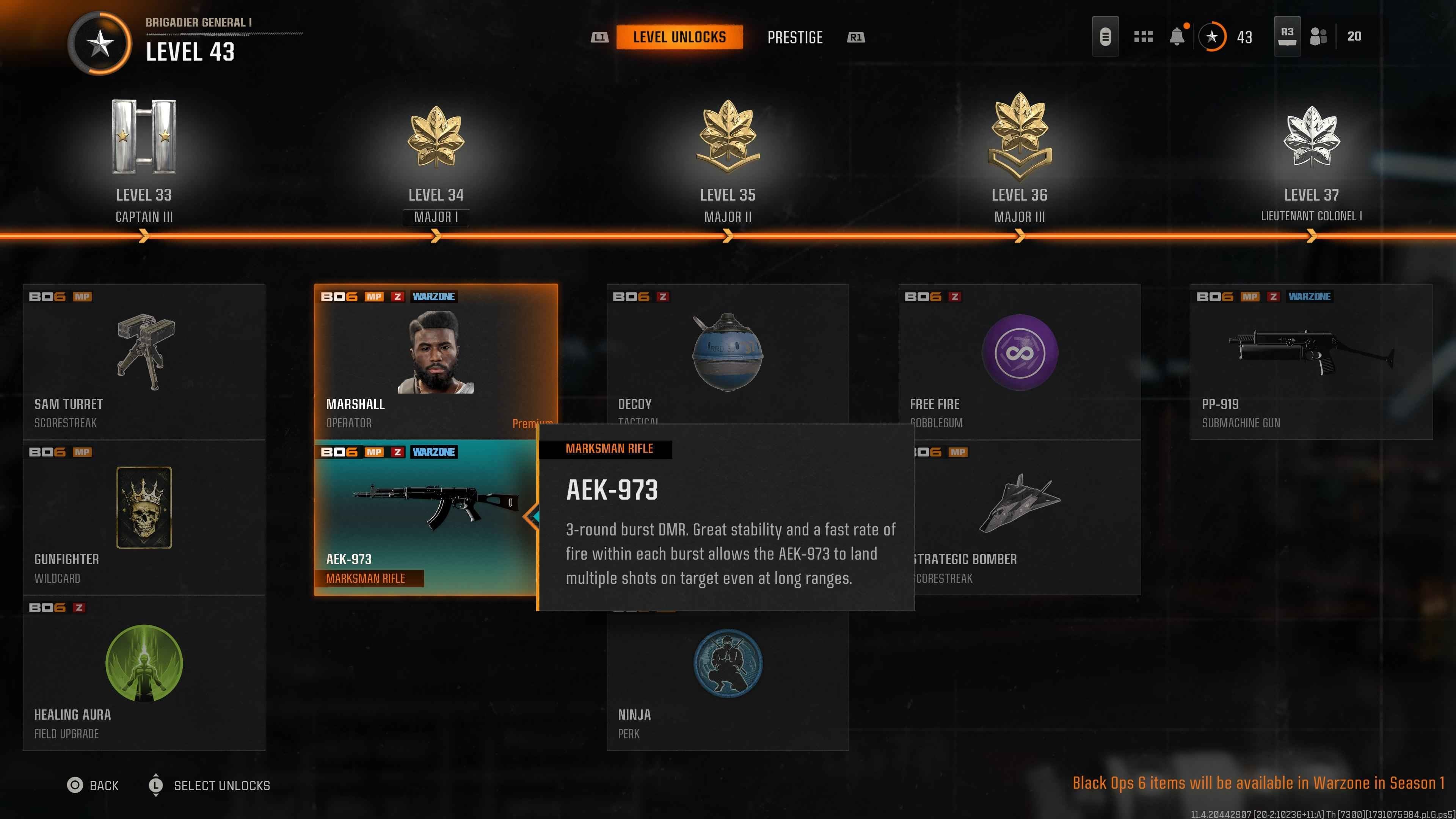 Màn hình tiến trình Black Ops 6 cho thấy AEK-973 mở khóa ở level 34