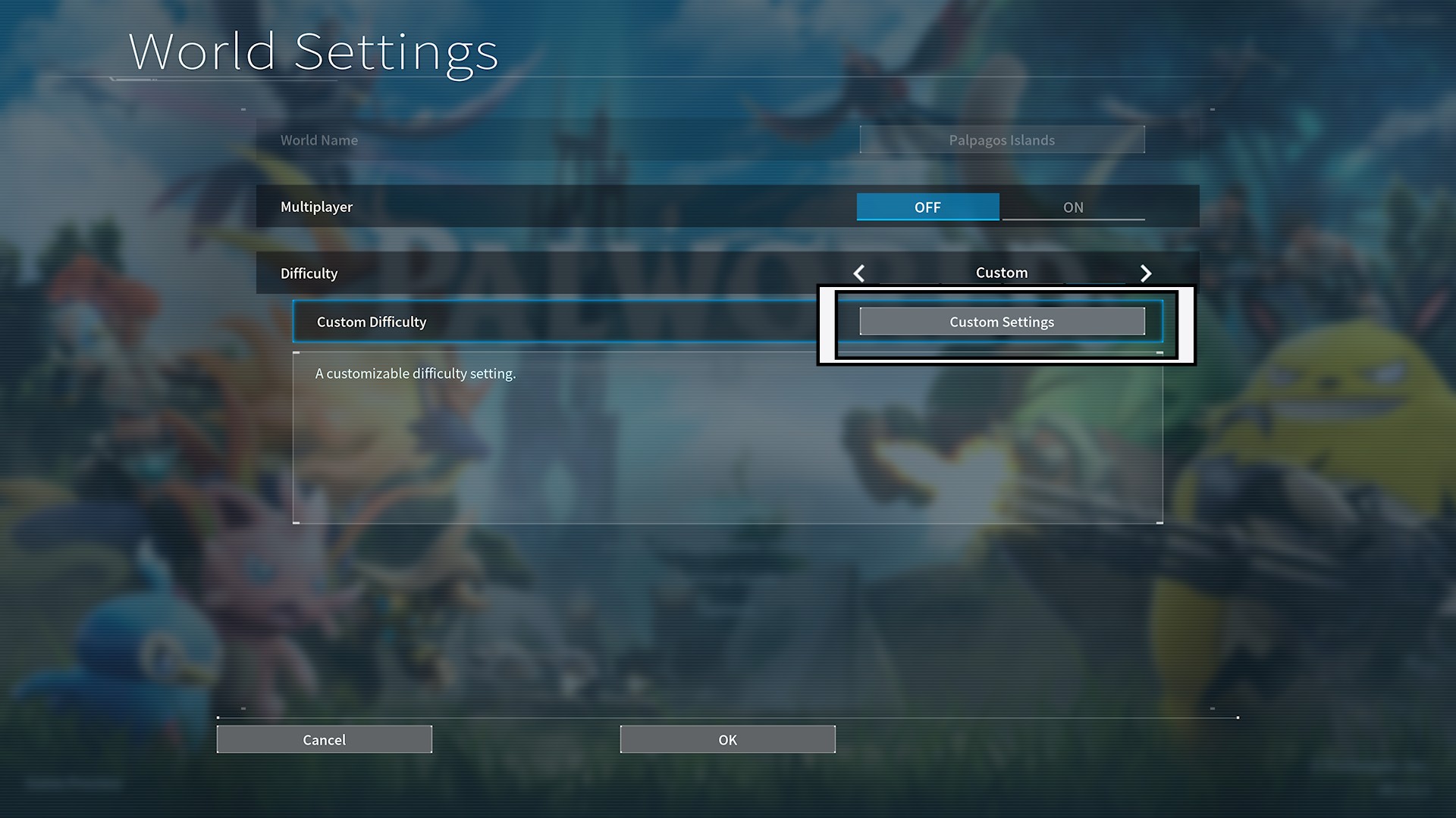 Màn hình World Settings Palworld hiển thị tùy chọn Custom Settings