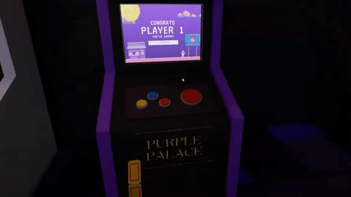 Máy game thùng màu tím trong Terminal Escape Room