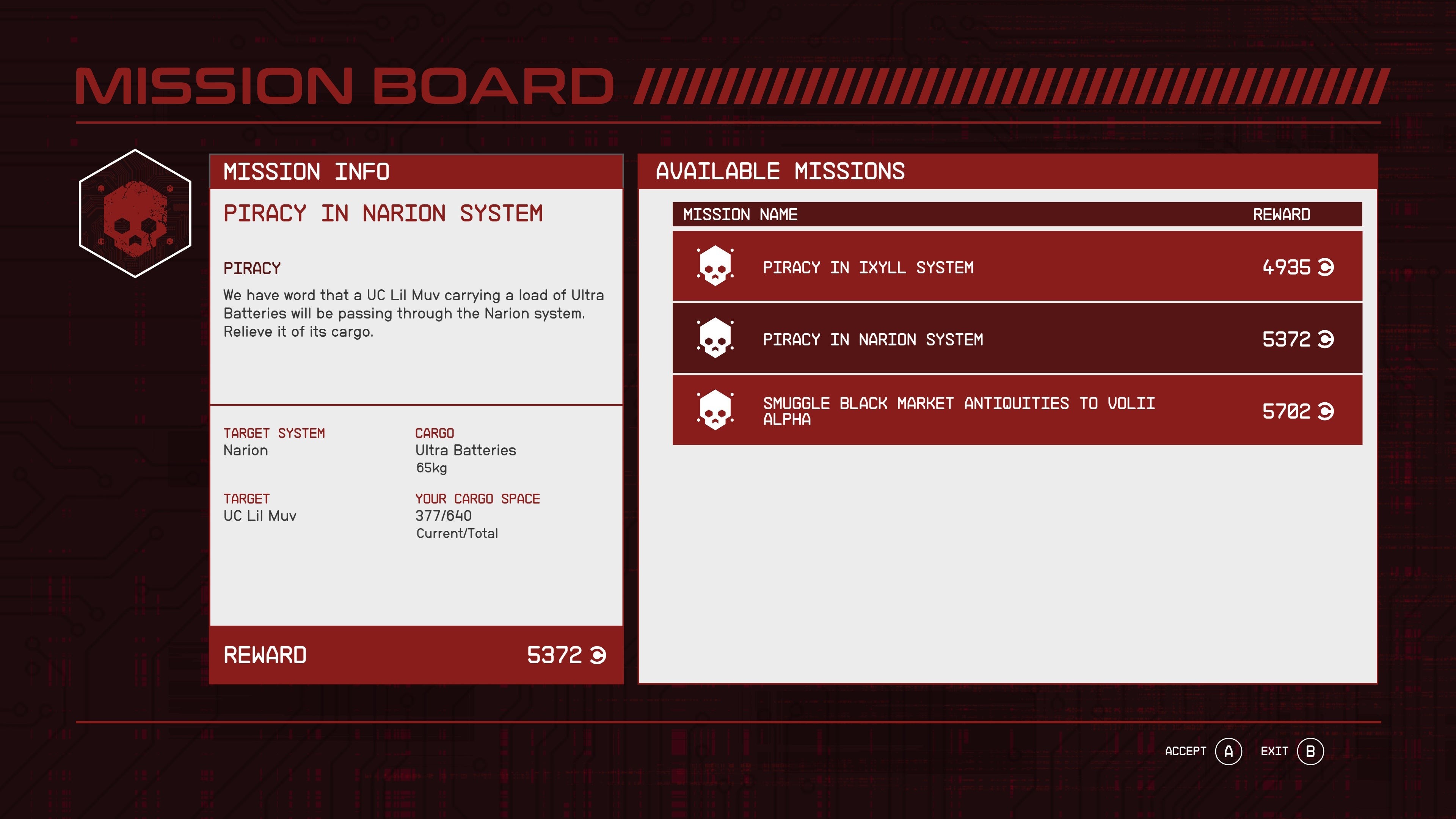 Menu bảng nhiệm vụ của phe phái Crimson Fleet trong Starfield