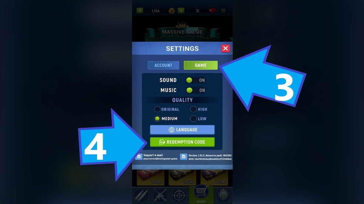 Menu Cài đặt trong game Hunting Sniper