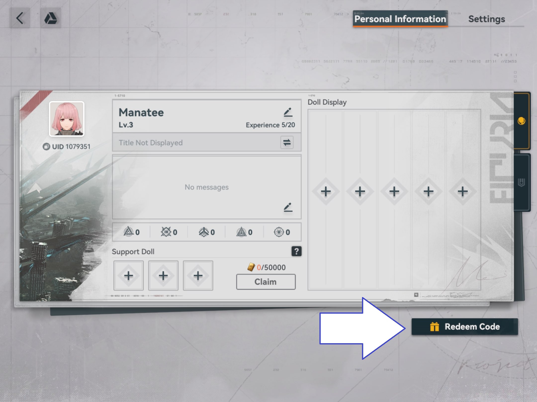 Menu Cài đặt trong GFL2 với nút Đổi Mã (Redeem Code)
