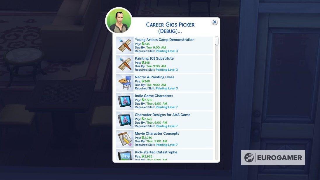 Menu Career Gigs Picker (Debug) trong The Sims 4 cho phép chọn công việc tự do.