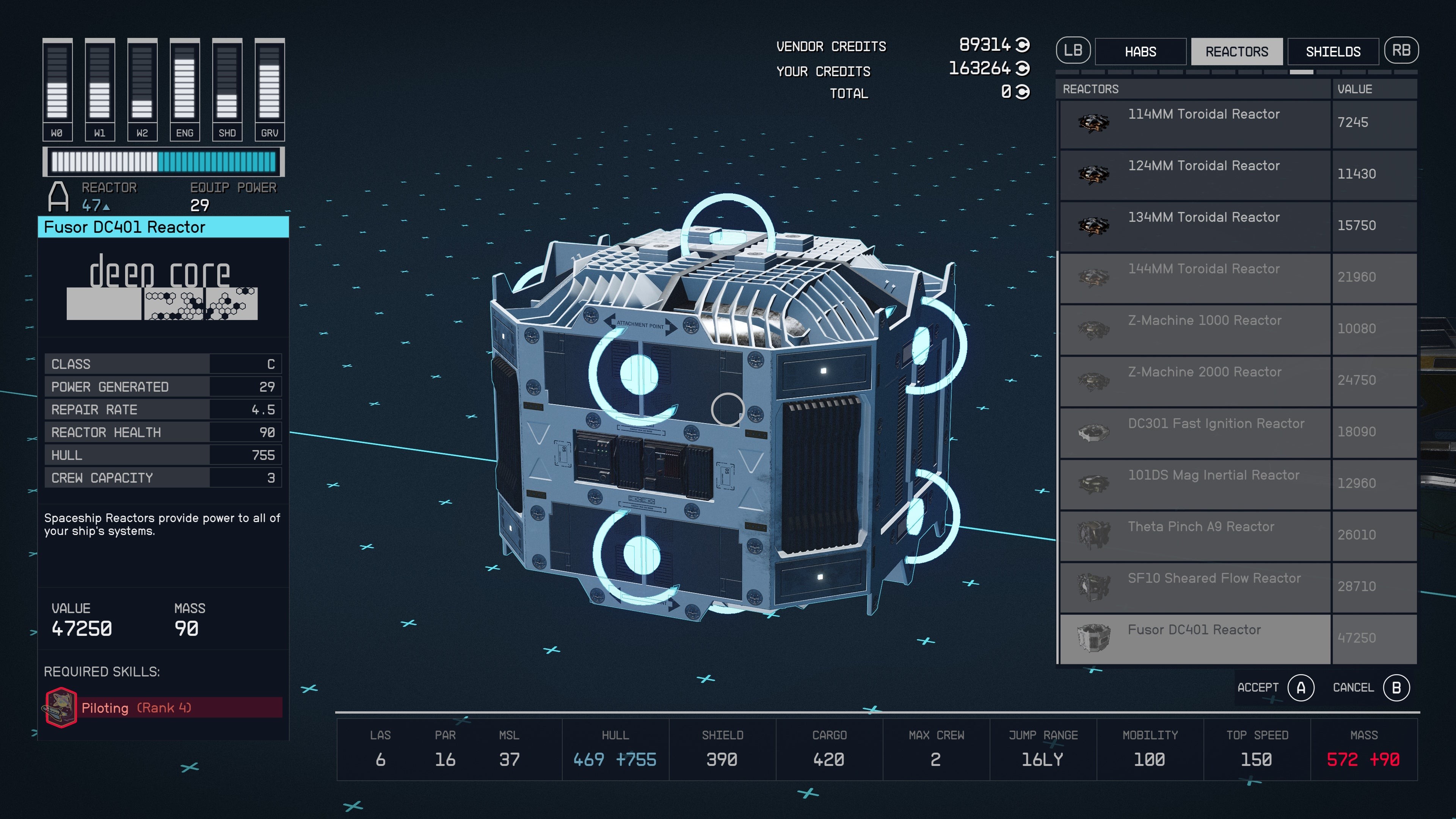 Menu chế tạo tàu Starfield chọn reactor hạng C Pinch 8Z