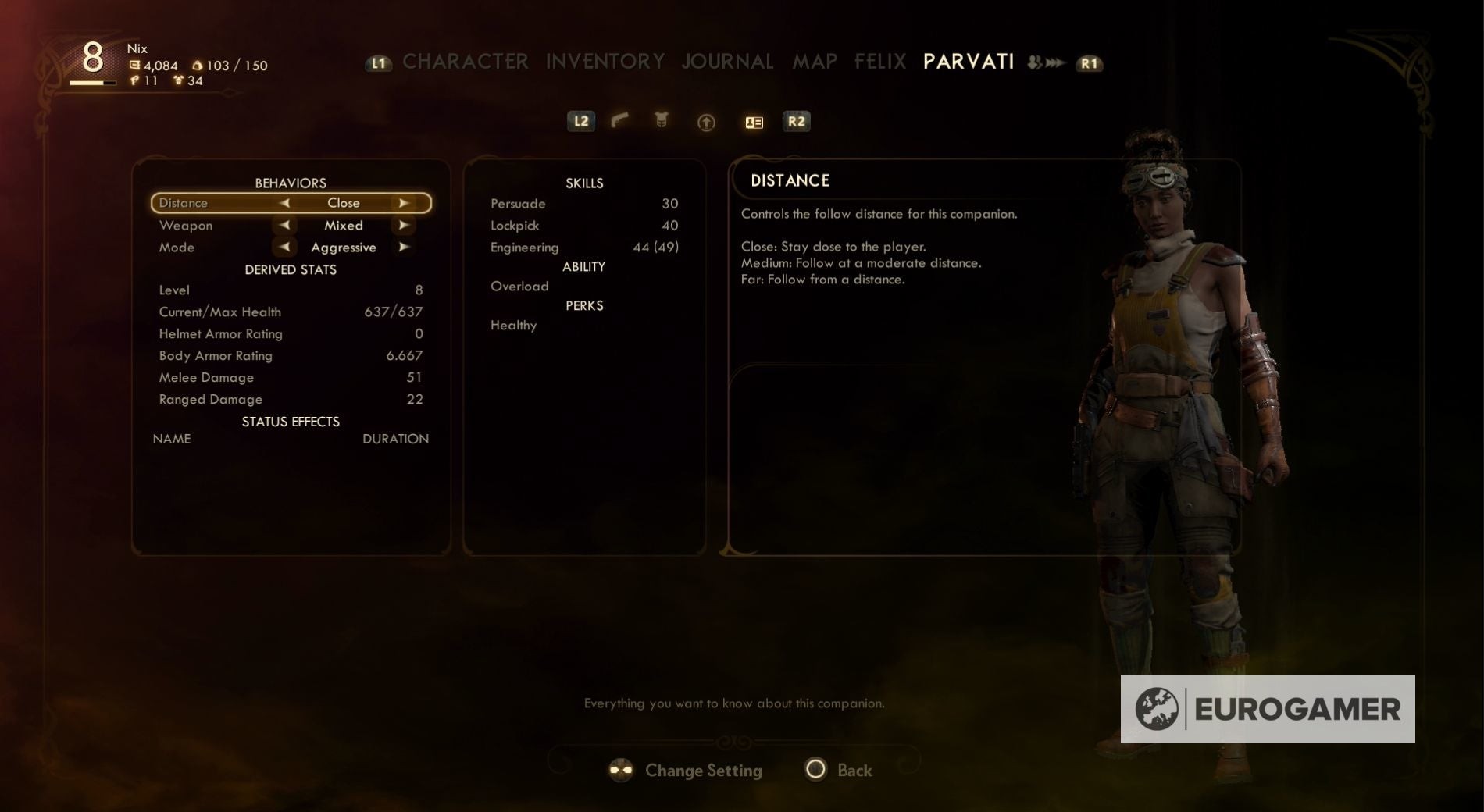 Menu chỉ số của đồng đội trong The Outer Worlds hiển thị các tùy chọn hành vi