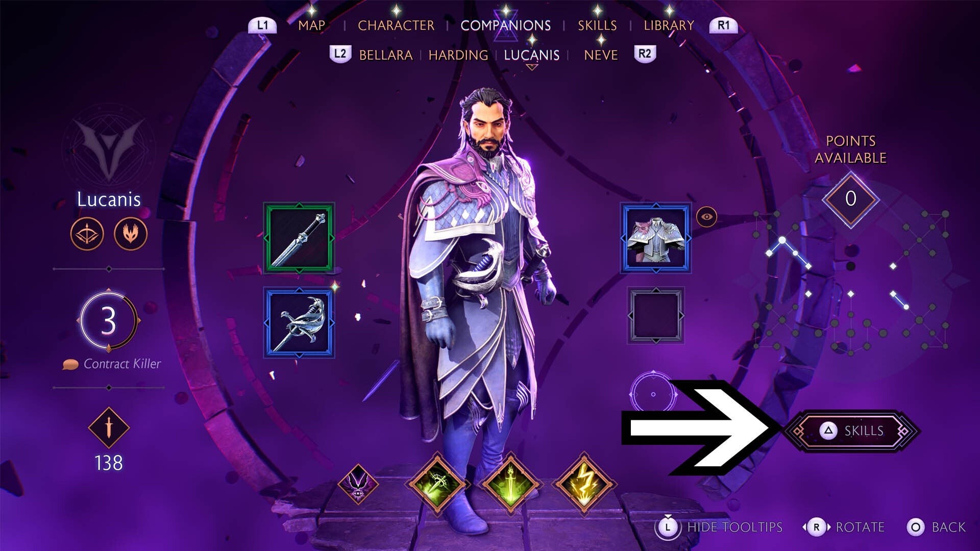 Menu đồng hành của Lucanis với tùy chọn cây kỹ năng được tô sáng - Dragon Age The Veilguard