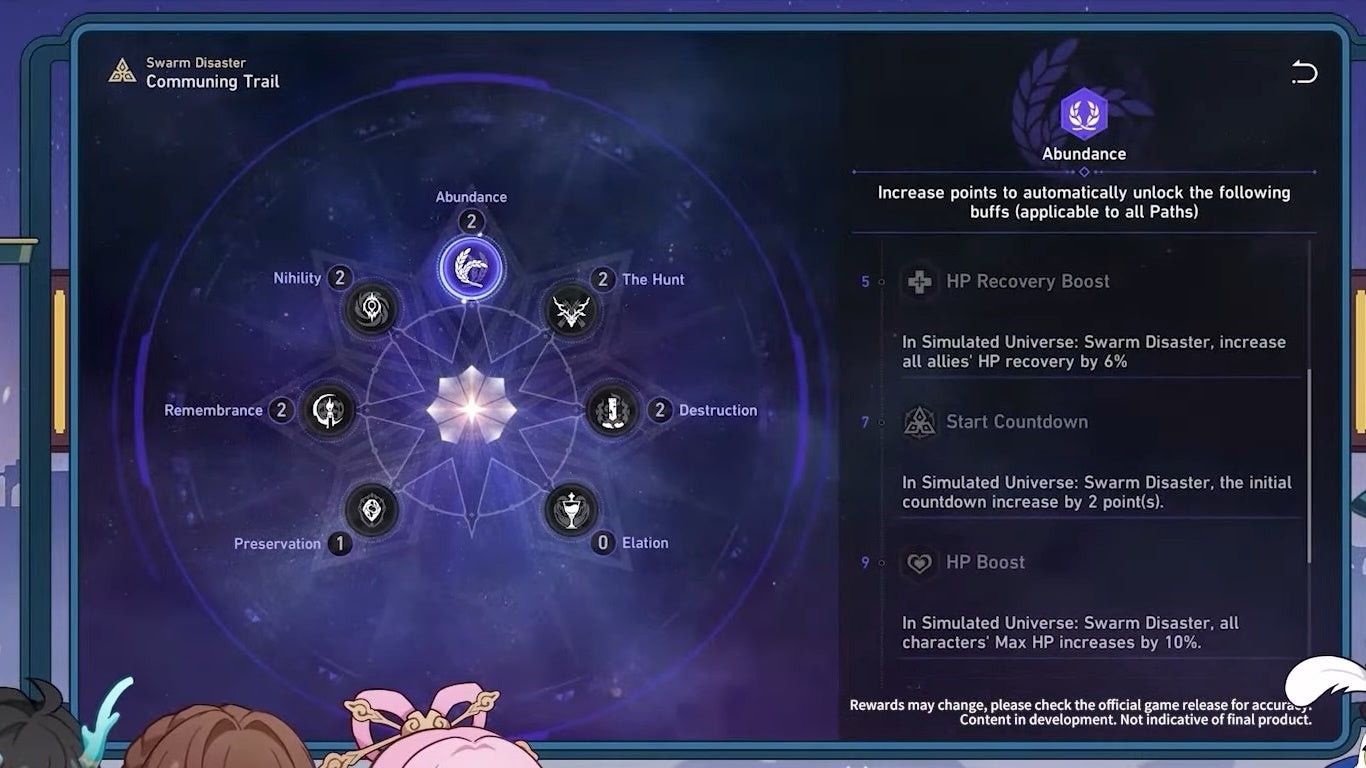 Menu hiển thị các buff của Path Resonance trong sự kiện The Swarm Disaster.