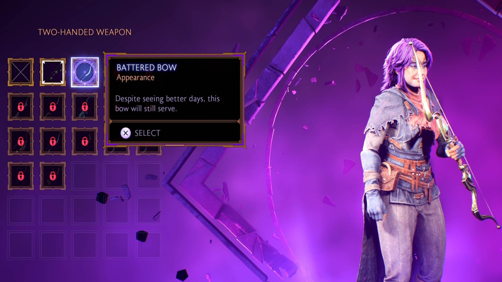 Menu lựa chọn transmog vũ khí hai tay cho Rook trong Dragon Age The Veilguard