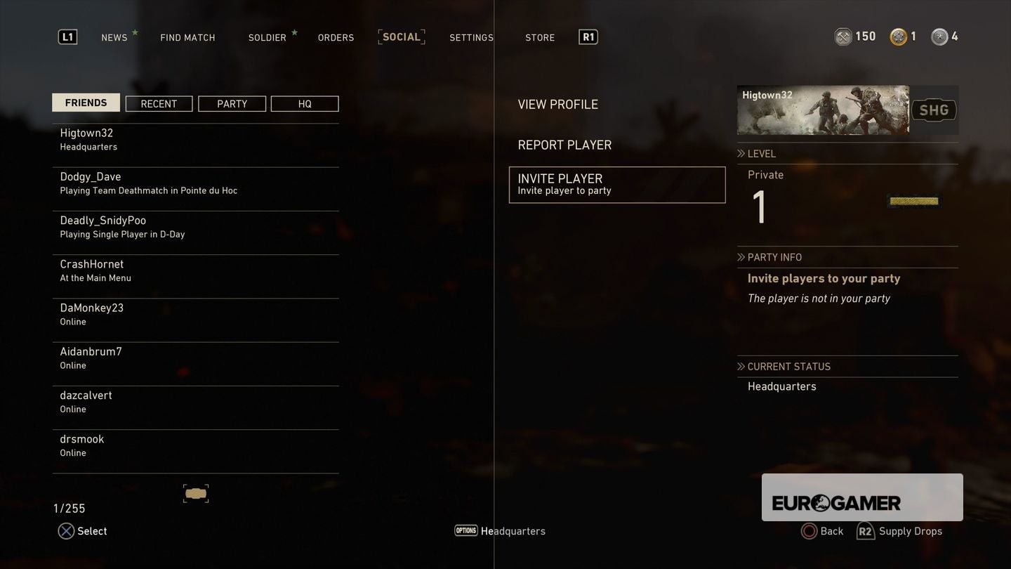 Menu Mời bạn bè (Invite friends) vào Headquarters trong Call of Duty WW2