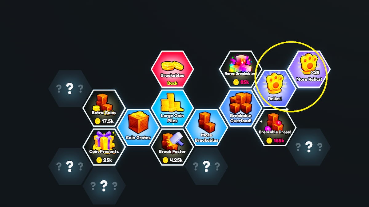 Menu Nâng cấp trong PETS GO với tùy chọn More Relics được làm nổi bật