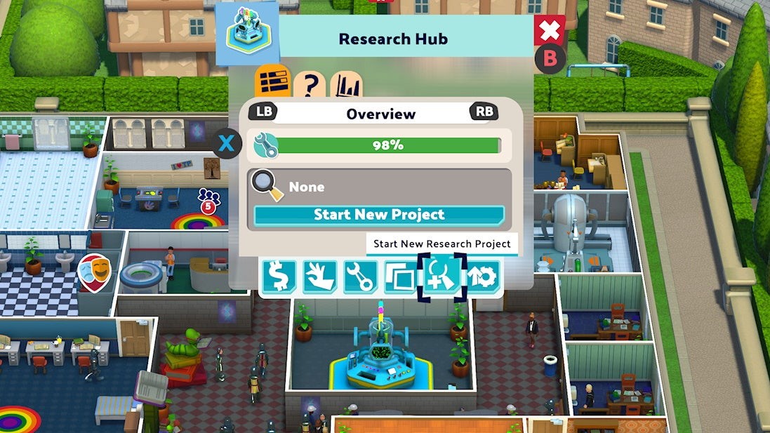 Menu Nghiên cứu trong Two Point Campus hiển thị dự án thương mại có phần thưởng là Kudosh