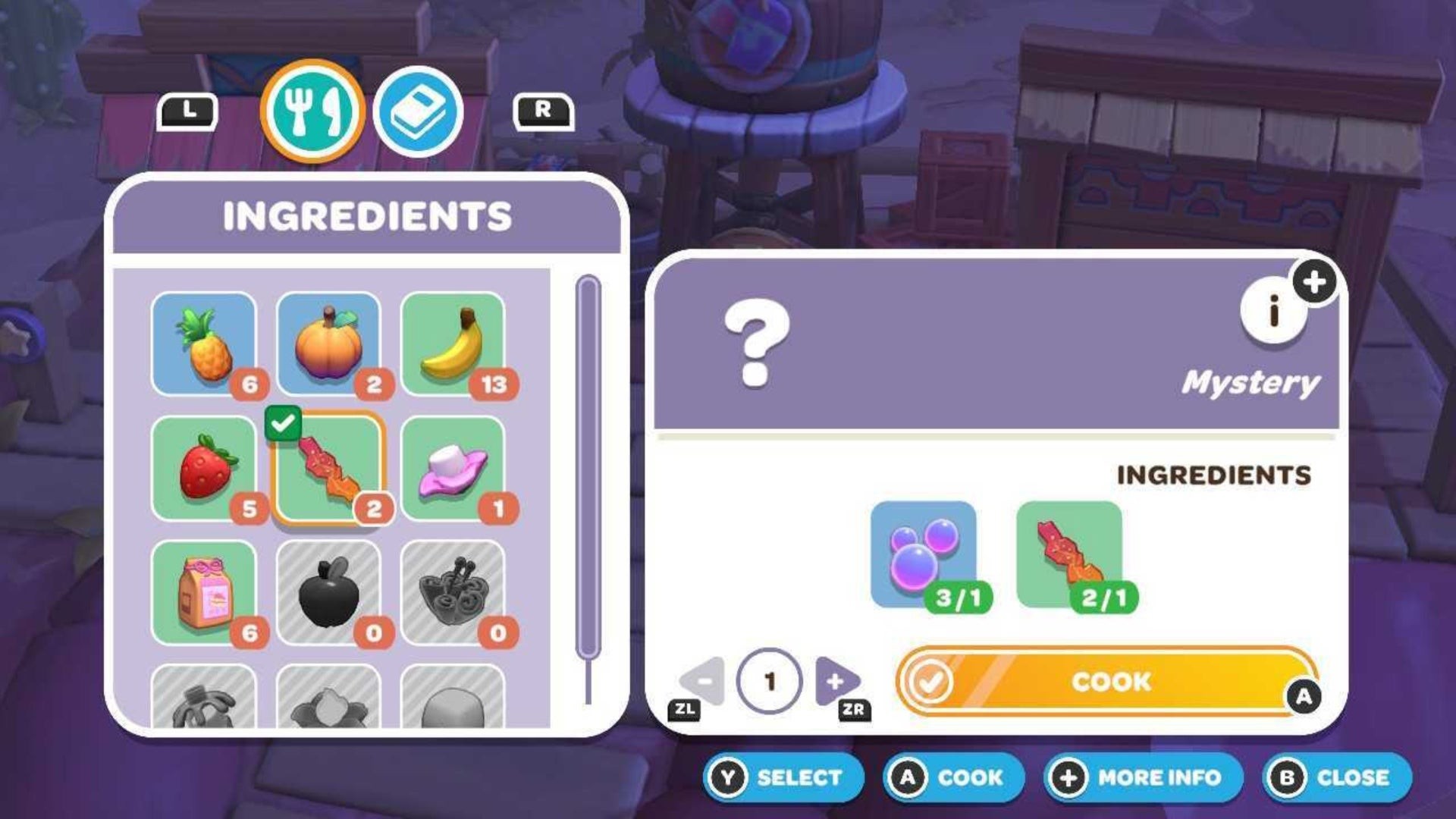 Menu nguyên liệu máy nước ngọt trong Hello Kitty Island Adventure