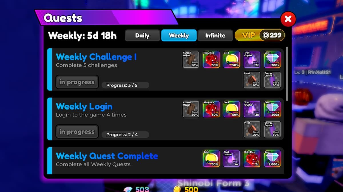 Menu Nhiệm vụ (Quests) trong Anime Defenders hiển thị phần thưởng Risky Dice