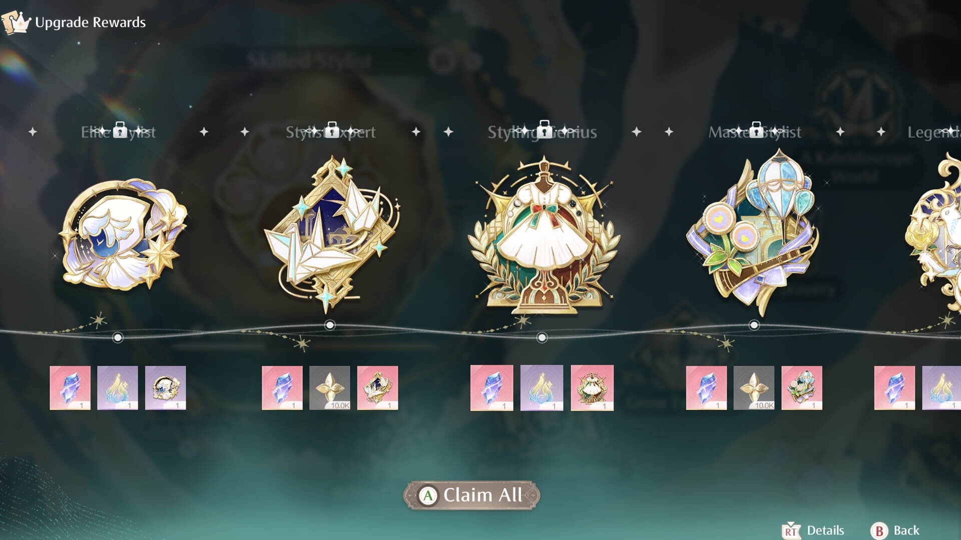 Menu phần thưởng thăng hạng Nhà Tạo Mẫu trong Infinity Nikki