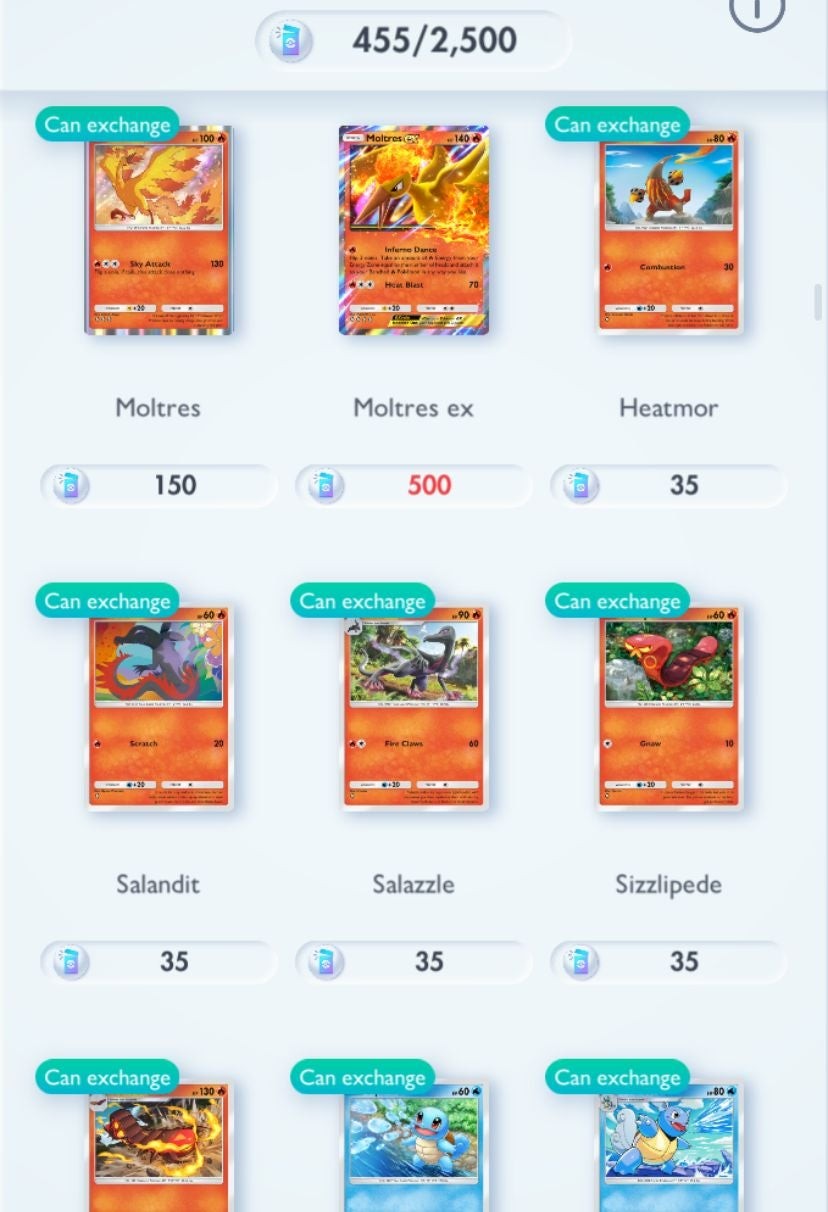 Menu trao đổi Pack Points lấy thẻ bài Pokémon cụ thể theo độ hiếm trong TCG Pocket.