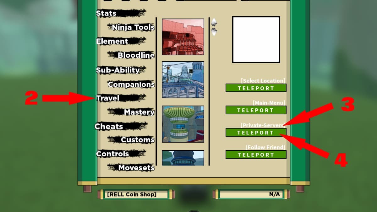 Menu trong game Shindo Life hiển thị cách nhập code private server qua mục Travel