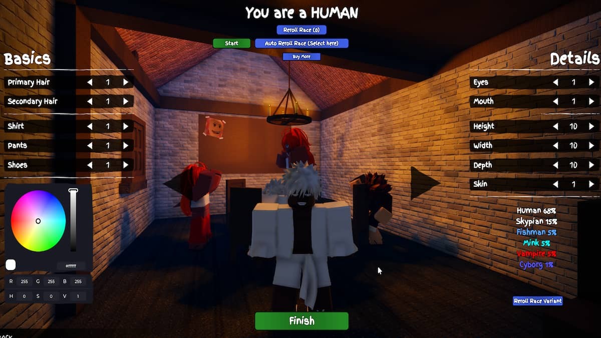 Menu tùy chỉnh nhân vật hiển thị tùy chọn Race Reroll trong GPO