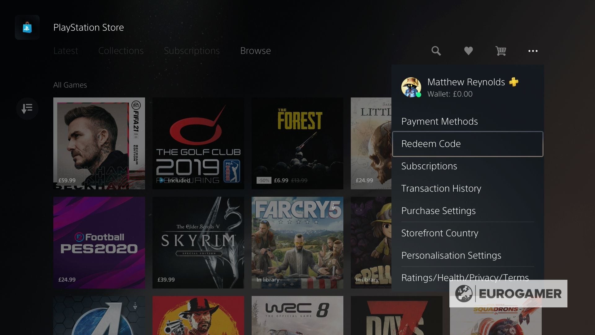 Menu tùy chọn bổ sung trong PS Store hiển thị mục 'Redeem Codes' (Nhập Mã).