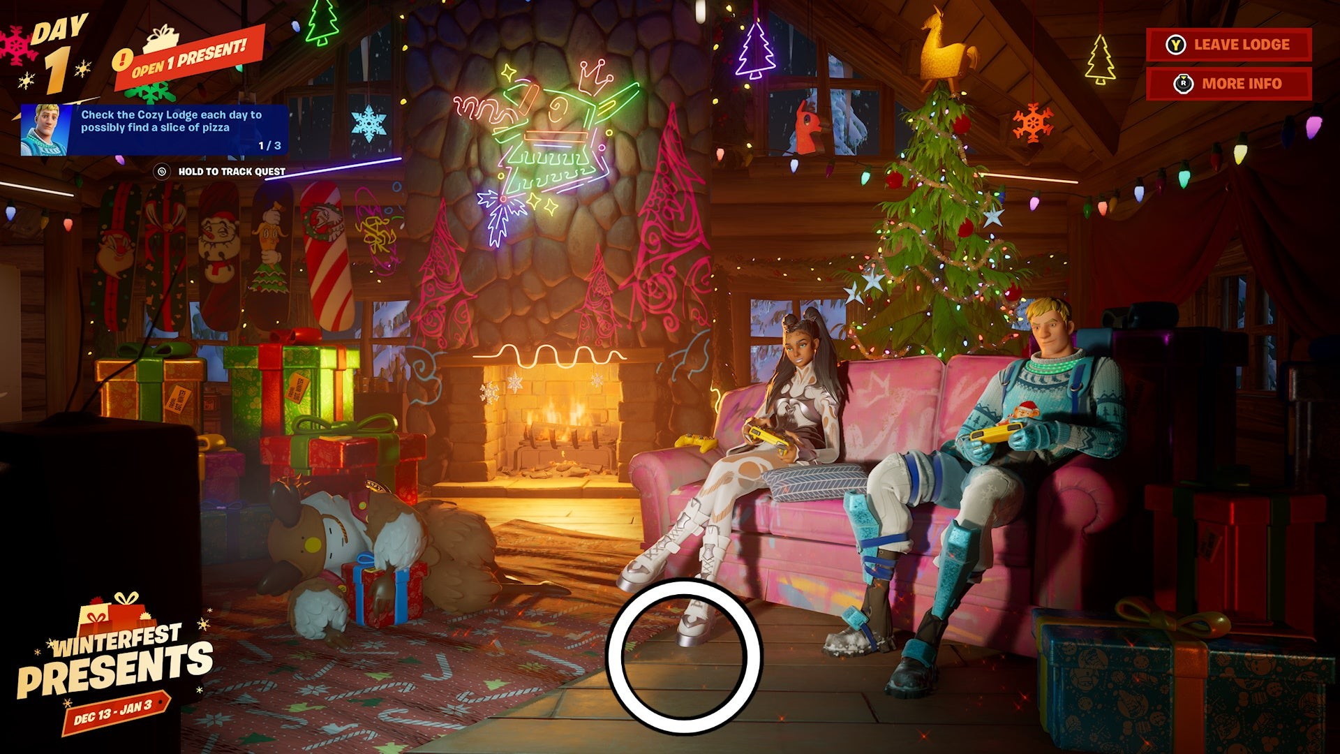 Miếng pizza nằm trên thảm sàn trong Cozy Lodge Fortnite