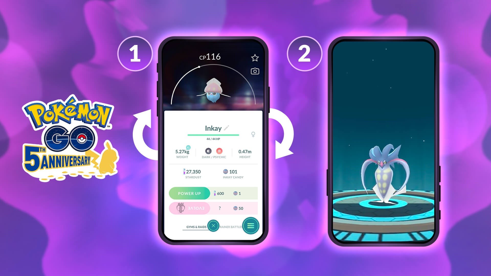 Minh họa cách xoay ngược điện thoại để tiến hóa Inkay trong Pokémon Go