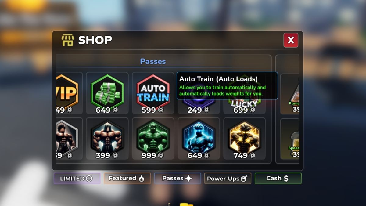 Mô tả tính năng Auto Train giúp tự động chọn mức tạ tối đa trong Roblox Gym League