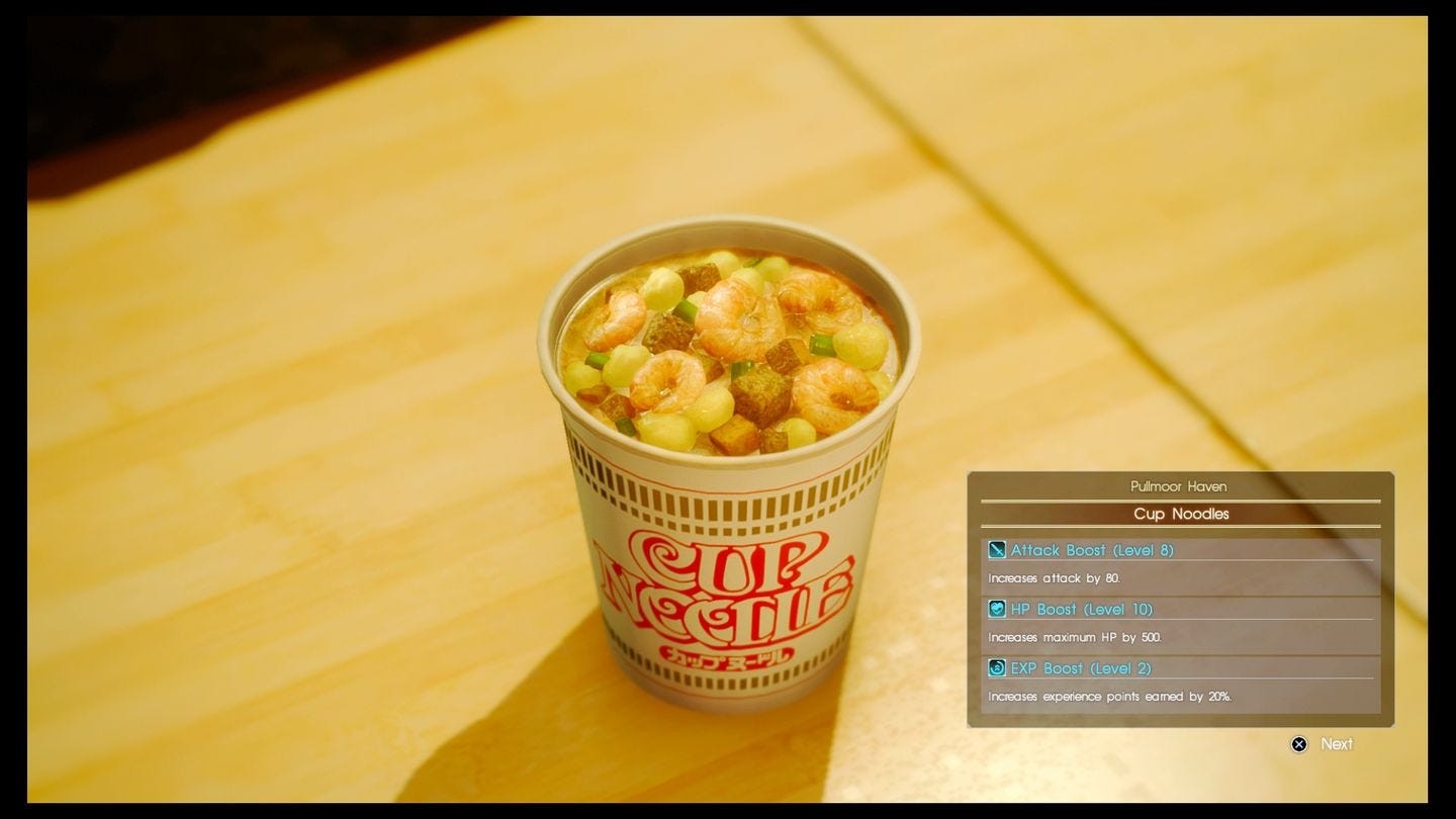 Món mì ly Cup Noodle trong Final Fantasy 15 giúp tăng chỉ số nhân vật