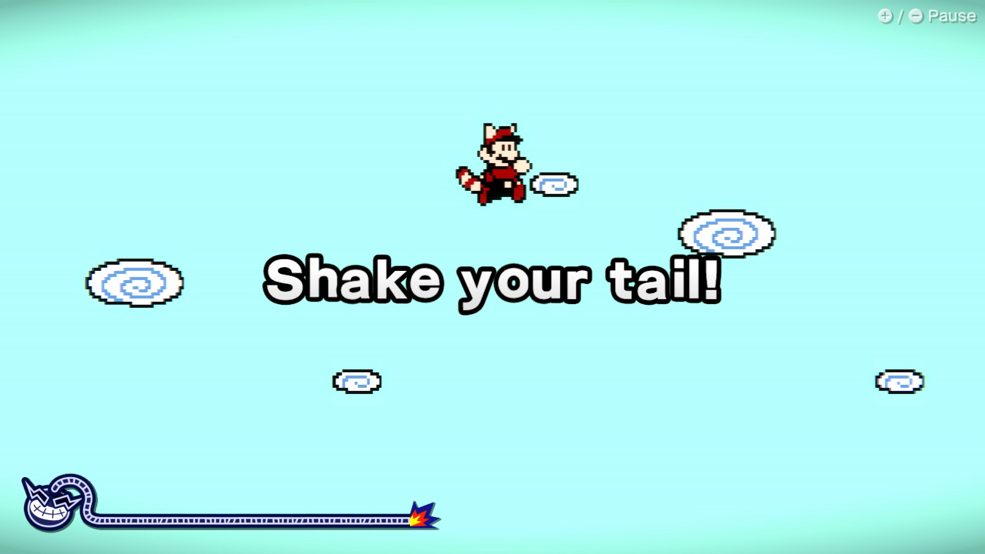 Một ảnh chụp màn hình từ WarioWare: Move It! cho thấy một cảnh từ trò chơi Mario cũ, nơi Mario biến thành một con raccoon và hướng dẫn trên màn hình là lắc đuôi. Nhưng tôi không thể