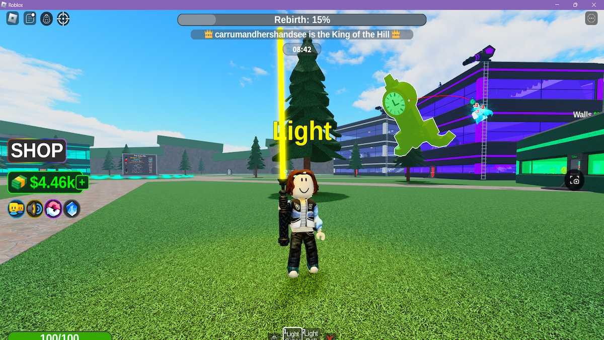 Một avatar cầm thanh kiếm ánh sáng màu vàng trong Roblox Elemental Powers Tycoon.
